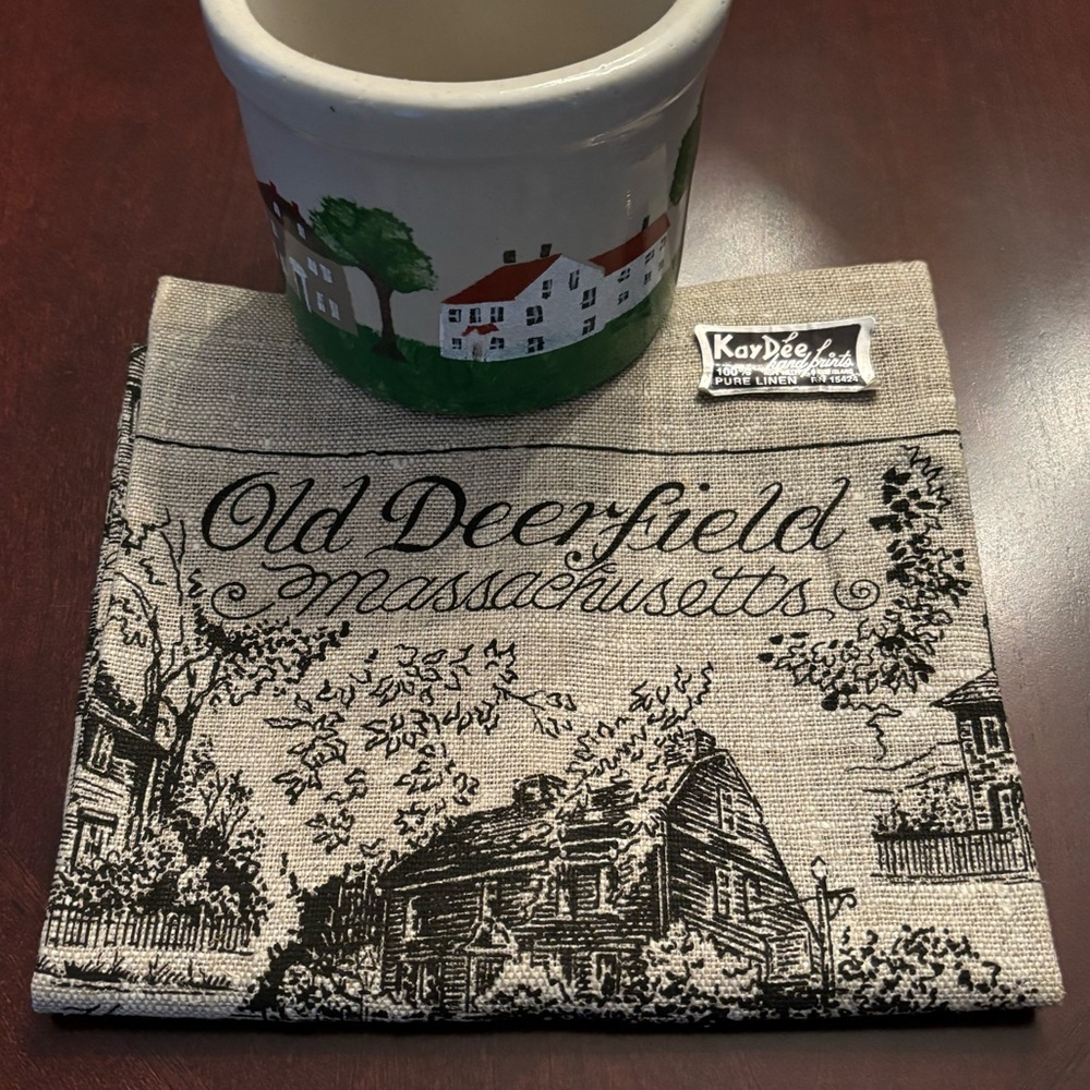 Old Deerfield MA Linen hand towel vintage 1970’s with handmade ceramic pottery